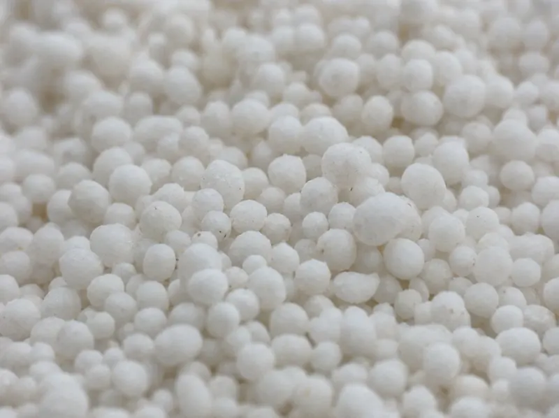 Grânulos brancos de ureia em detalhe.
