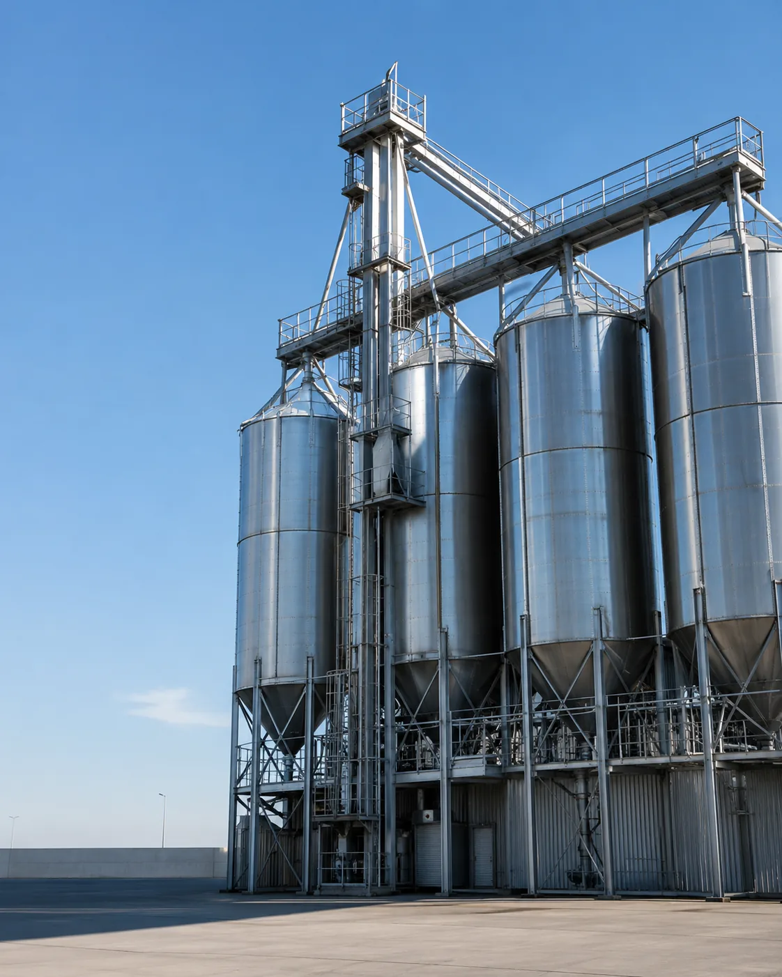 Silos metálicos de uma unidade industrial de grande porte.