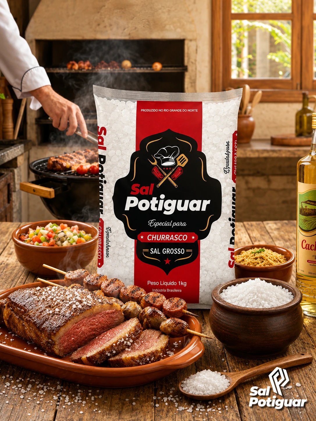 Embalagem de Sal Potiguar especial para churrasco em cenário de churrasqueira, em foto original da marca.