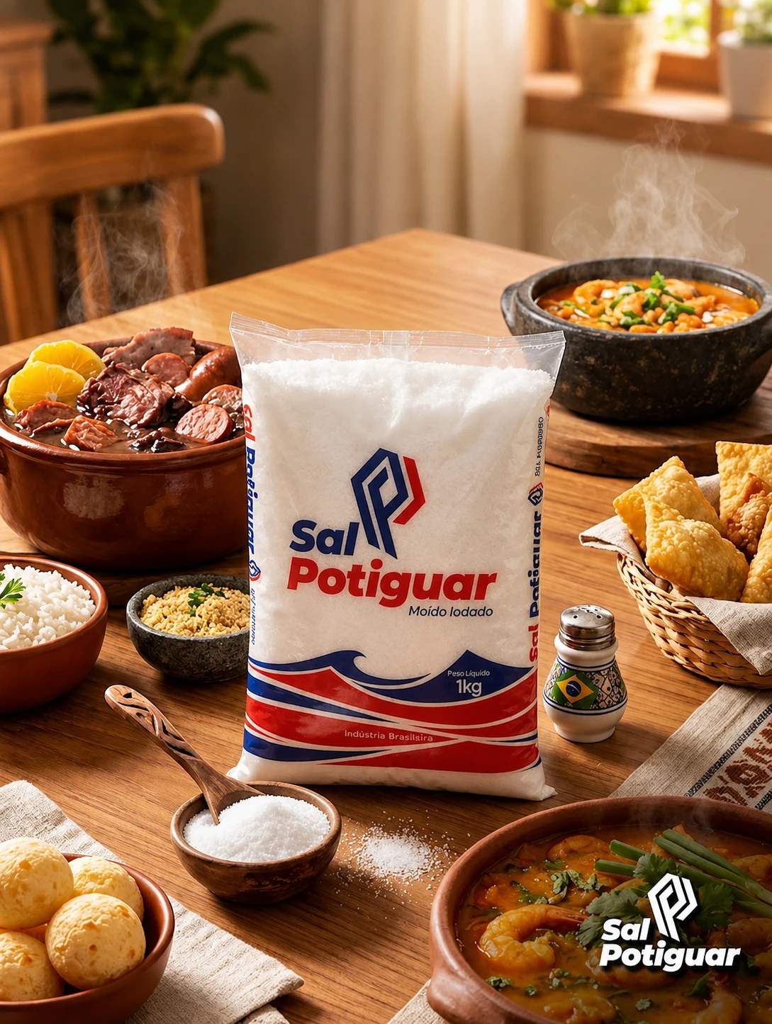 Embalagem de Sal Potiguar moído iodado em mesa com pratos brasileiros, em foto original da marca.
