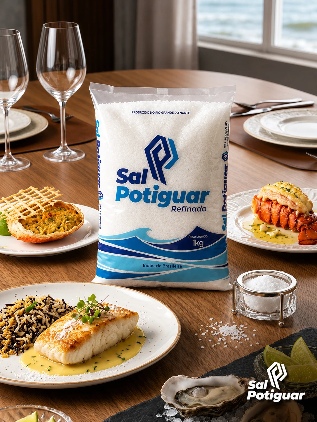 Embalagem de Sal Potiguar Refinado em mesa posta, em foto original da marca.